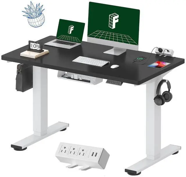 Main image of EN2 Whole-Piece Standing Desk with Clamp Power Strip, 48 x 24 Electric Stand Up Height Adjustable Desk with Cable Management (White Frame + 48" Black Top, 2 Packages)
