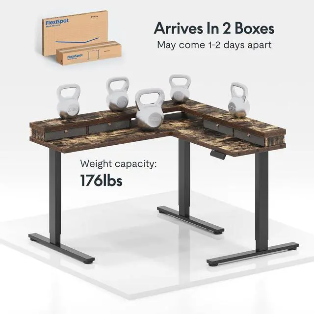 Alt view image 7 of 7 - 71'' L Shaped Standing Desk Electric Corner Table with Shelf, 4 Storage Drawers, Adjustable Computer Workstation for Home, Office, Game, Studio, Rustic Brown Top + Black Frame