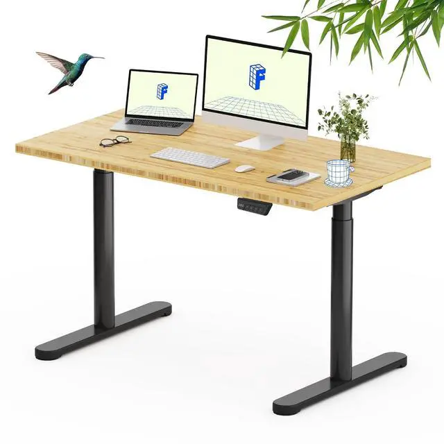 Main image of Solid Bamboo Standing Desk, 48" x 24" Real Bamboo Desktop with Natural Grain, Durable & Sustainable Workstation for Home Office and Multi-Monitor Setups (Black Oval Legs)