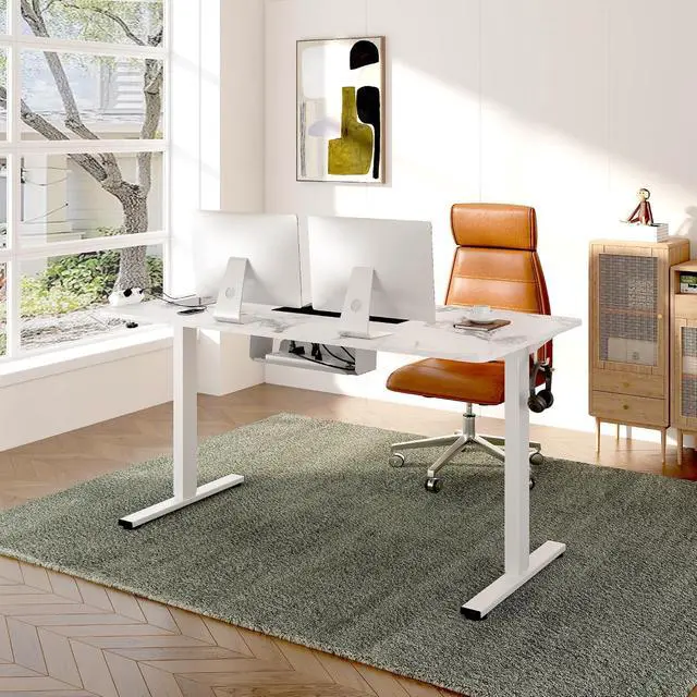 Alt view image 2 of 7 - EN2 Whole-Piece Standing Desk with Clamp Power Strip, 55 x 28 Electric Stand Up Height Adjustable Desk with Cable Management (White Frame + 55" Marble Grey Top, 2 Packages)