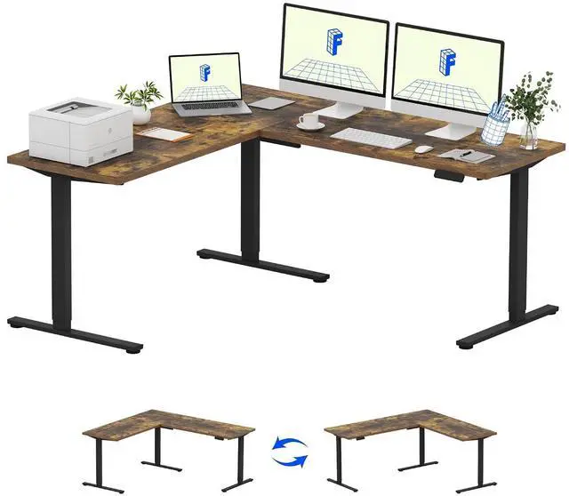 Main image of L Shaped Standing Desk, 71 x 63 Inch Electric Height Adjustable Corner Desk, Sit Stand Computer Workstation, Preset Controller, Home Office, Black Frame with Rustic Brown Top