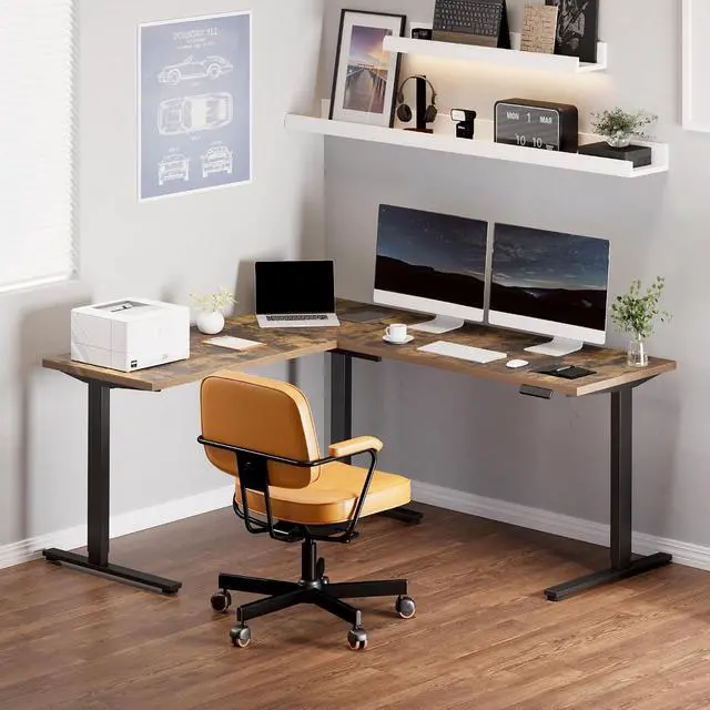 Alt view image 2 of 7 - L Shaped Standing Desk, 71 x 63 Inch Electric Height Adjustable Corner Desk, Sit Stand Computer Workstation, Preset Controller, Home Office, Black Frame with Rustic Brown Top