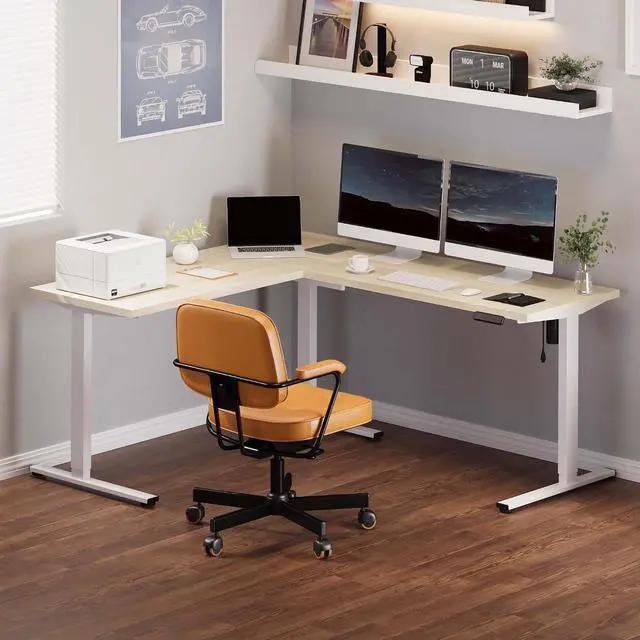 Alt view image 2 of 7 - L Shaped Standing Desk, 71 x 63 Inch Electric Height Adjustable Corner Desk, Sit Stand Computer Workstation, Preset Controller, Home Office, White Frame with Maple Top