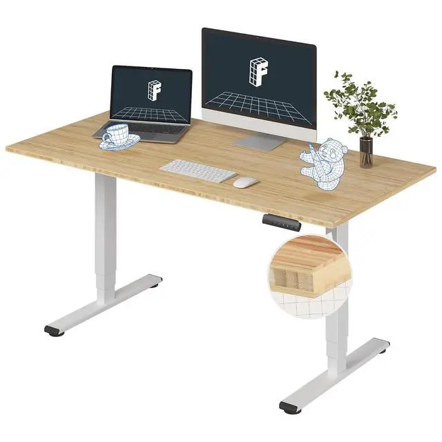 Main image of E6 Bamboo 3-Stage Dual Motor 60 x 30 Electric Standing Desk Sit Stand Up Desk, Holds 220 lbs, Adjustable Height w/Memory Presets, Solid Bamboo Desktop & White Frame, Ships in 2 Boxes