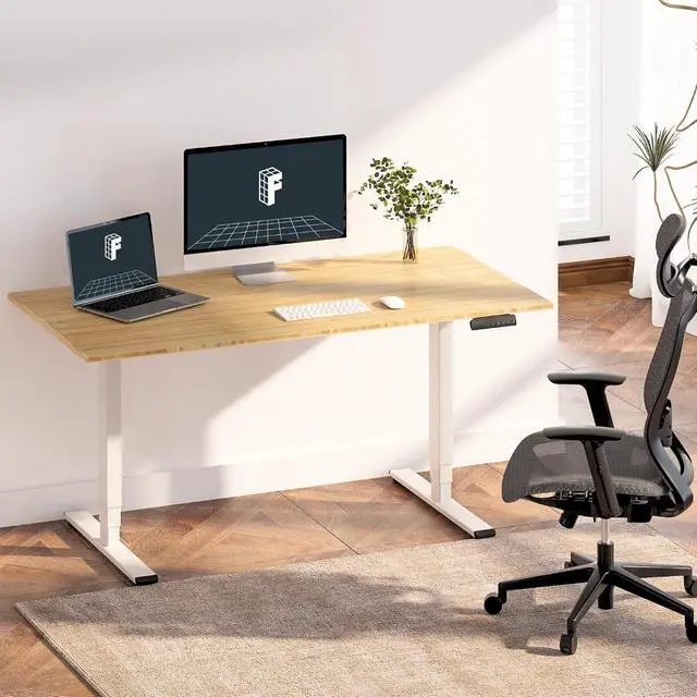 Alt view image 2 of 7 - E6 Bamboo 3-Stage Dual Motor 60 x 30 Electric Standing Desk Sit Stand Up Desk, Holds 220 lbs, Adjustable Height w/Memory Presets, Solid Bamboo Desktop & White Frame, Ships in 2 Boxes