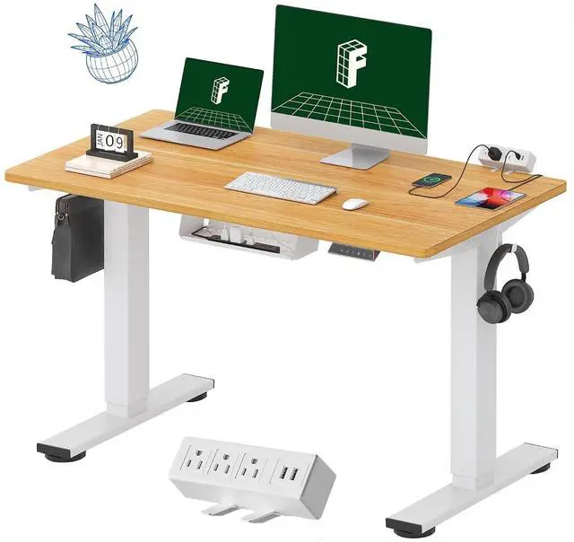 Main image of EN2 Whole-Piece Standing Desk with Clamp Power Strip, 48 x 24 Electric Stand Up Height Adjustable Desk with Cable Management (White Frame + 48" Maple Top)