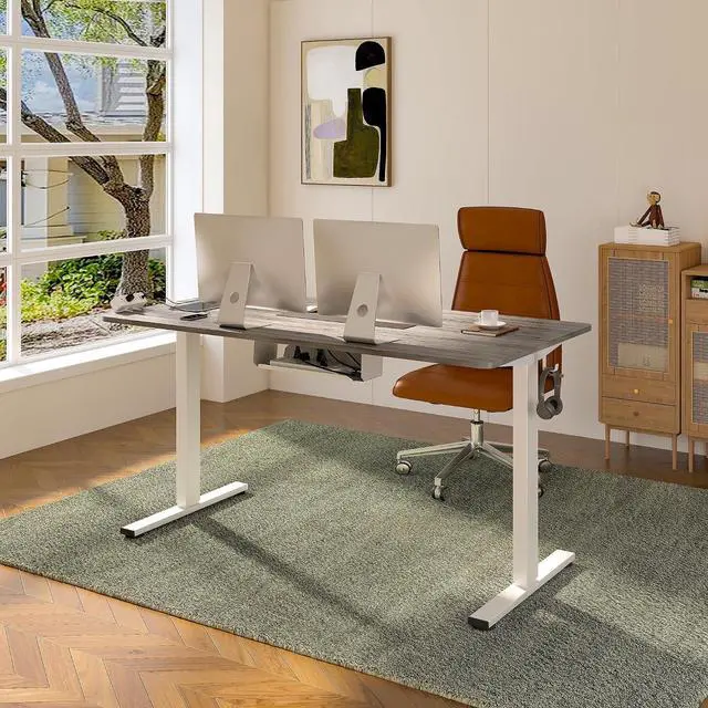 Alt view image 2 of 7 - EN2 Whole-Piece Standing Desk with Clamp Power Strip, 48 x 24 Electric Stand Up Height Adjustable Desk with Cable Management (White Frame + 48" Gray Wood Grain Desktop, 2 Packages)