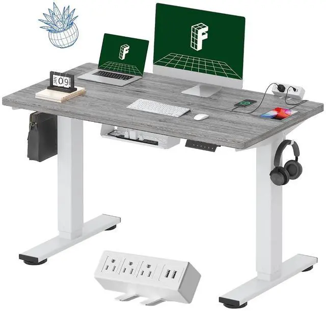 Main image of EN2 Whole-Piece Standing Desk with Clamp Power Strip, 48 x 24 Electric Stand Up Height Adjustable Desk with Cable Management (White Frame + 48" Gray Wood Grain Desktop, 2 Packages)