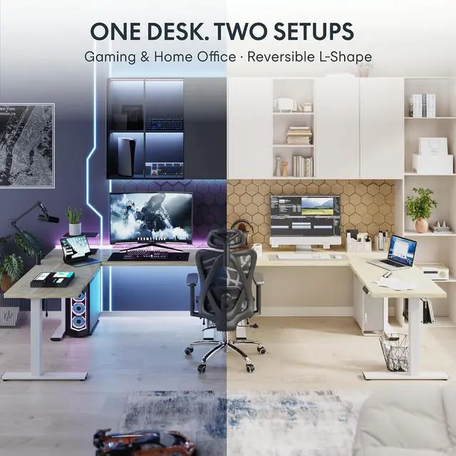 Alt view image 4 of 7 - L Shaped Standing Desk, 71 x 63 Inch Electric Height Adjustable Corner Desk, Sit Stand Computer Workstation, Preset Controller, Home Office, White Frame with Maple Top