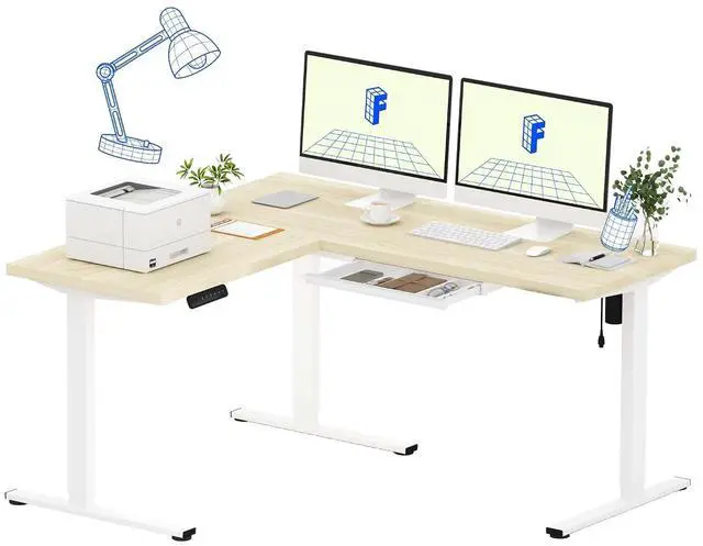 Main image of L Shaped Standing Desk, 63 x 55 Inch Electric Height Adjustable Corner Desk, Sit Stand Computer Workstation, Preset Controller, Home Office, White Frame with Maple Top, White Drawer