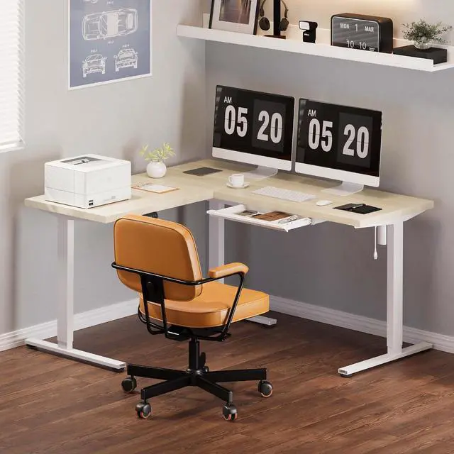 Alt view image 2 of 7 - L Shaped Standing Desk, 63 x 55 Inch Electric Height Adjustable Corner Desk, Sit Stand Computer Workstation, Preset Controller, Home Office, White Frame with Maple Top, White Drawer