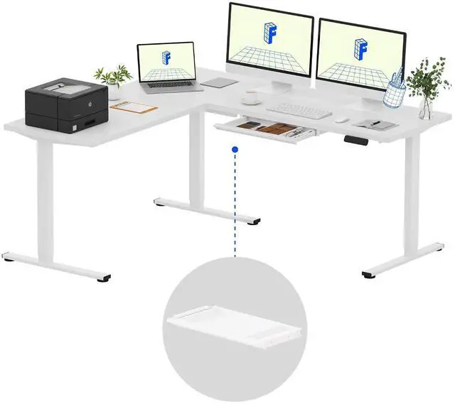 Main image of L Shaped Standing Desk with Drawer, 71 x 63 Inch Electric Height Adjustable Corner Desk, Sit Stand Computer Workstation, Preset Controller, Home Office, White Frame with White Top