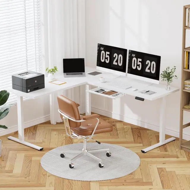 Alt view image 2 of 7 - L Shaped Standing Desk with Drawer, 71 x 63 Inch Electric Height Adjustable Corner Desk, Sit Stand Computer Workstation, Preset Controller, Home Office, White Frame with White Top