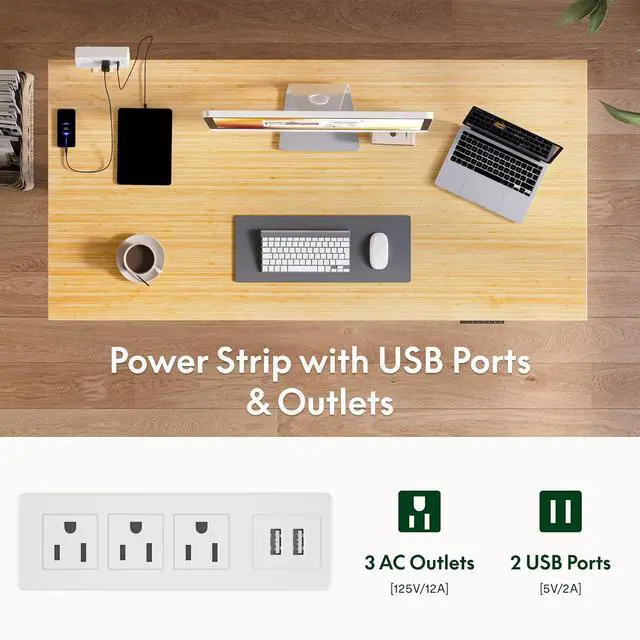 Alt view image 4 of 7 - EN2 Bamboo Standing Desk Clamp Power Strip, 55 x 28 Electric Stand Up Height Adjustable Desk with Cable Management (Grey Frame + 55" Bamboo Top, 2 Packages)