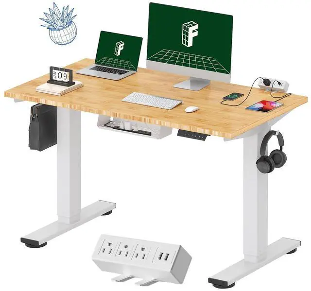 Main image of EN2 Whole-Piece Bamboo Standing Desk with Clamp Power Strip, 48 x 24 Electric Stand Up Height Adjustable Desk with Cable Management (White Frame + 48" Bamboo Top, 2 Packages)
