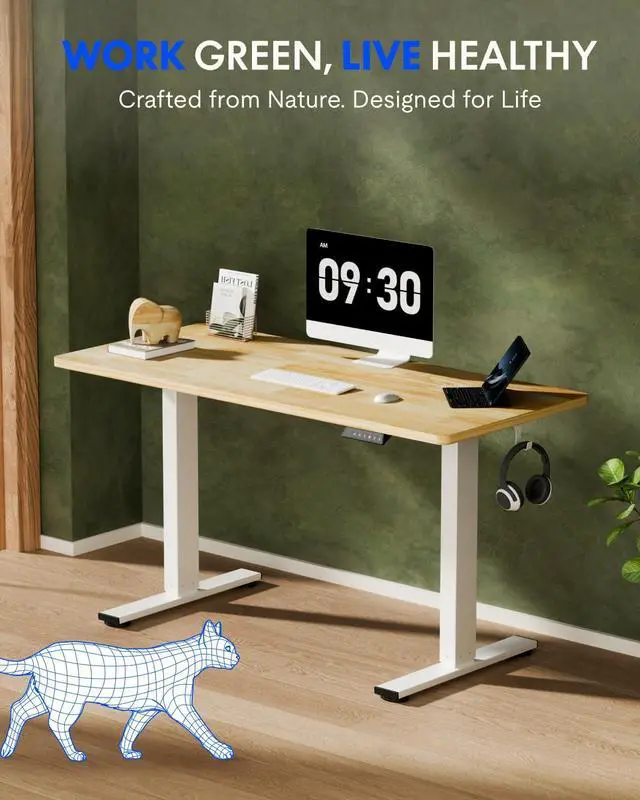 Alt view image 2 of 7 - Solid Wood Standing Desk, 48" x 24" Real Wood Desktop with Natural Grain, Durable & Sustainable Workstation for Home Office and Multi-Monitor Setups (Rubber Wood, White Frame)