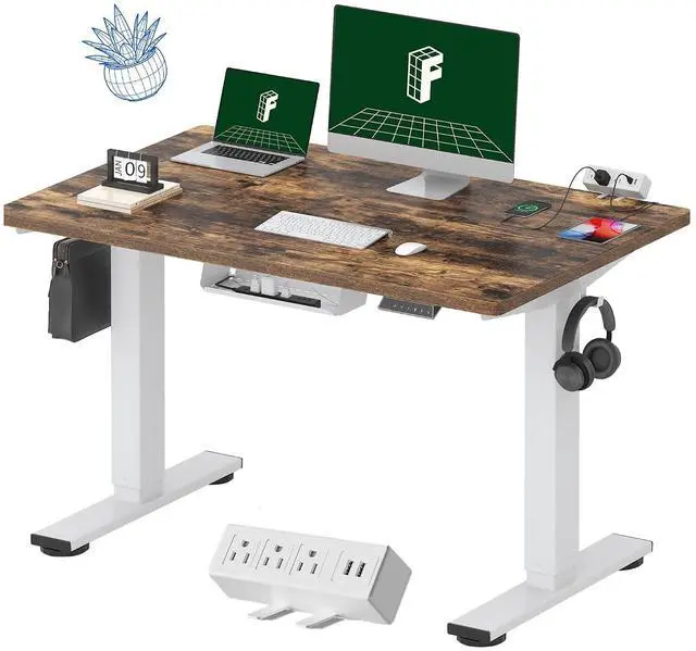 Main image of EN2 Whole-Piece Standing Desk with Clamp Power Strip, 48 x 30 Electric Stand Up Height Adjustable Desk with Cable Management (White Frame + 48" Rustic Brown Desktop, 2 Packages)