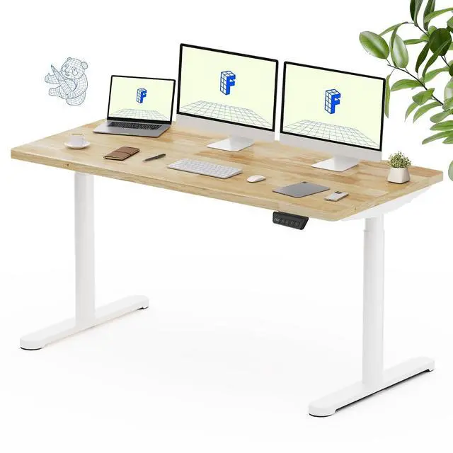 Main image of Solid Wood Standing Desk, 63" x 24" Real Wood Desktop with Natural Grain, Durable & Sustainable Workstation for Home Office and Multi-Monitor Setups (Rubber Wood, White Oval Legs)