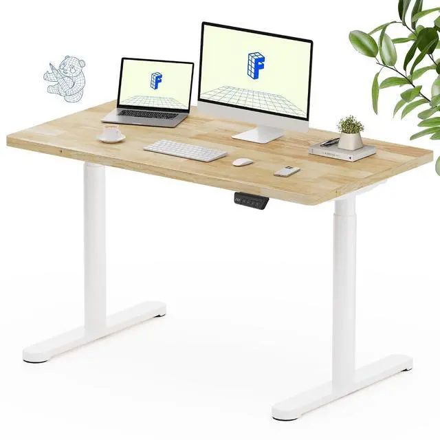 Main image of Solid Wood Standing Desk, 48" x 24" Real Wood Desktop with Natural Grain, Durable & Sustainable Workstation for Home Office and Multi-Monitor Setups (Rubber Wood, White Oval Legs)