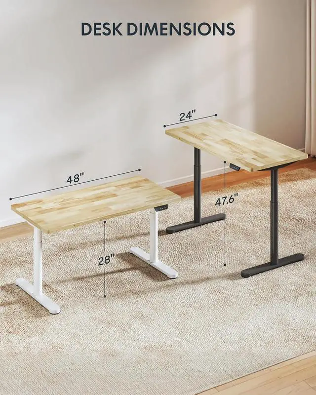 Alt view image 2 of 7 - Solid Wood Standing Desk, 48" x 24" Real Wood Desktop with Natural Grain, Durable & Sustainable Workstation for Home Office and Multi-Monitor Setups (Rubber Wood, White Oval Legs)