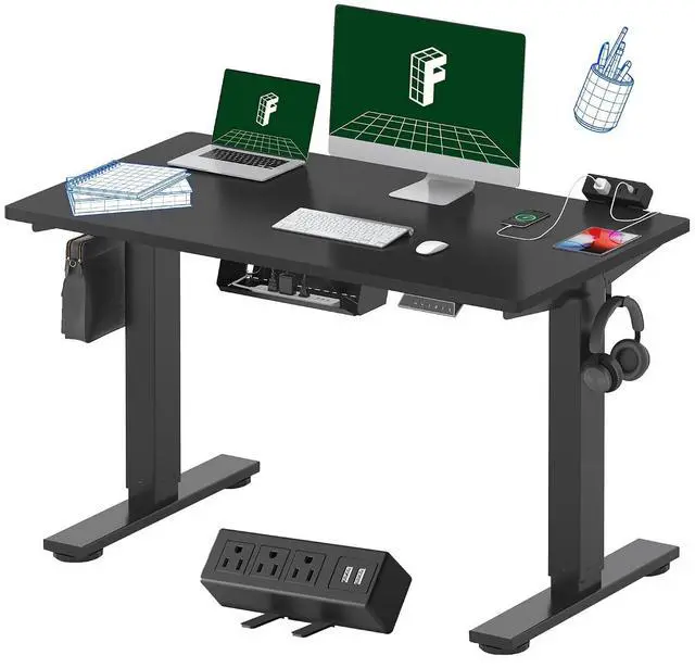 Main image of EN2 Whole-Piece Standing Desk with Clamp Power Strip, 48x24'' Electric Stand Up Height Adjustable Desk with Cable Management (Black Frame + 48" Black Table Top)