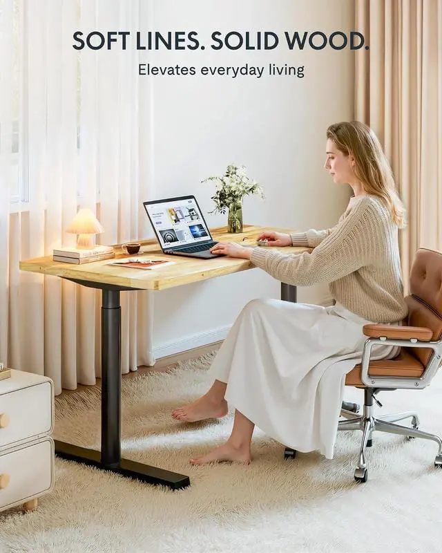 Alt view image 3 of 7 - Solid Wood Standing Desk, 55" x 24" Real Wood Desktop with Natural Grain, Durable & Sustainable Workstation for Home Office and Multi-Monitor Setups (Rubber Wood, Black Oval Legs)