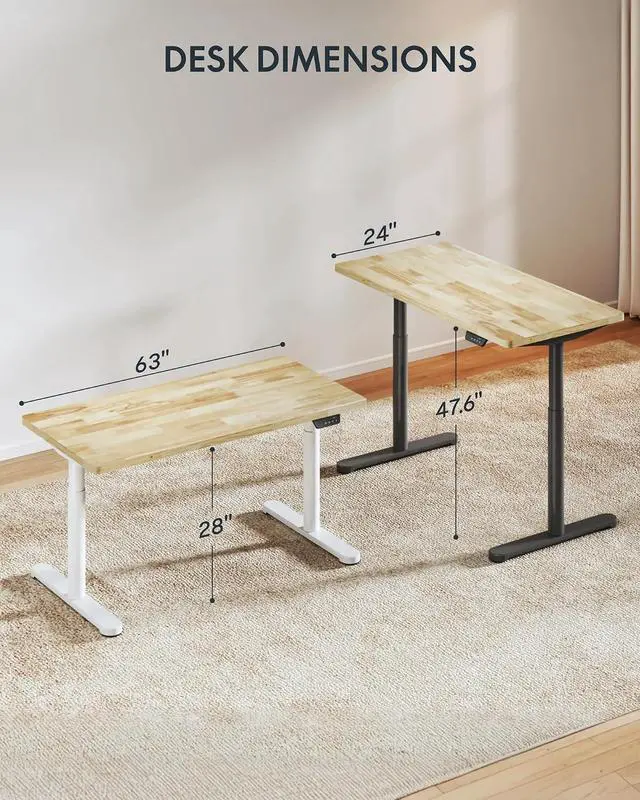 Alt view image 2 of 7 - Solid Wood Standing Desk, 63" x 24" Real Wood Desktop with Natural Grain, Durable & Sustainable Workstation for Home Office and Multi-Monitor Setups (Rubber Wood, White Oval Legs)