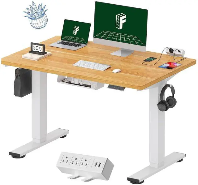 Main image of EN2 Whole-Piece Standing Desk with Clamp Power Strip, 48 x 30 Electric Stand Up Height Adjustable Desk with Cable Management (White Frame + 48" Maple Top, 2 Packages)