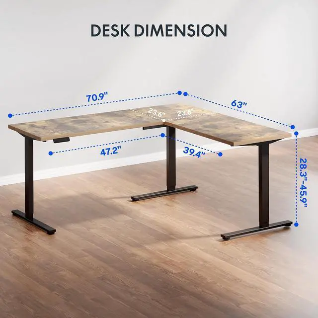 Alt view image 3 of 7 - L Shaped Standing Desk, 71 x 63 Inch Electric Height Adjustable Corner Desk, Sit Stand Computer Workstation, Preset Controller, Home Office, Black Frame with Rustic Brown Top