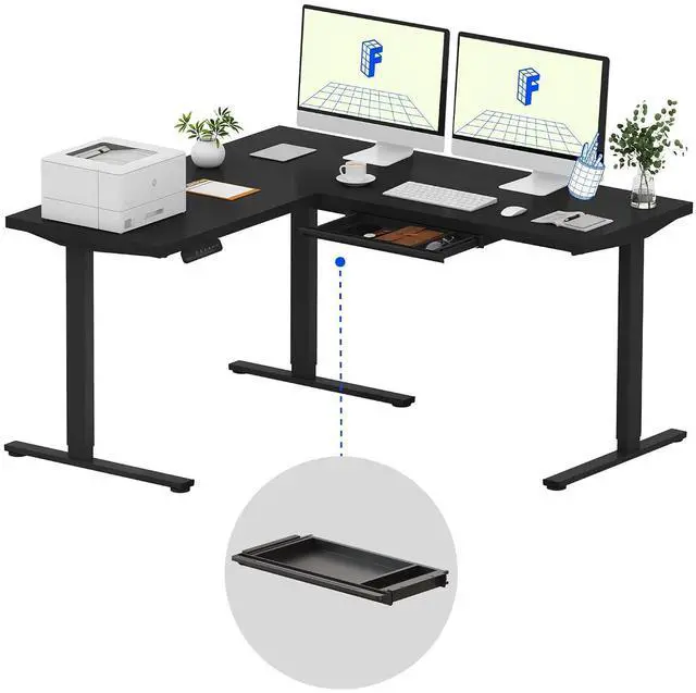 Main image of L Shaped Standing Desk, 63 x 55 Inch Electric Height Adjustable Corner Desk, Sit Stand Computer Workstation, Preset Controller, Home Office, Black Frame with Black Top, Black Drawer