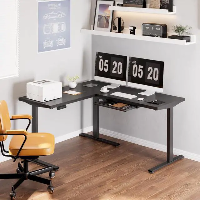 Alt view image 2 of 7 - L Shaped Standing Desk, 63 x 55 Inch Electric Height Adjustable Corner Desk, Sit Stand Computer Workstation, Preset Controller, Home Office, Black Frame with Black Top, Black Drawer