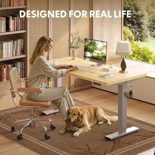 Alt view image 3 of 7 - Solid Bamboo Standing Desk, 48" x 24" Real Bamboo Desktop with Natural Grain, Durable & Sustainable Workstation for Home Office and Multi-Monitor Setups (Silver Frame)