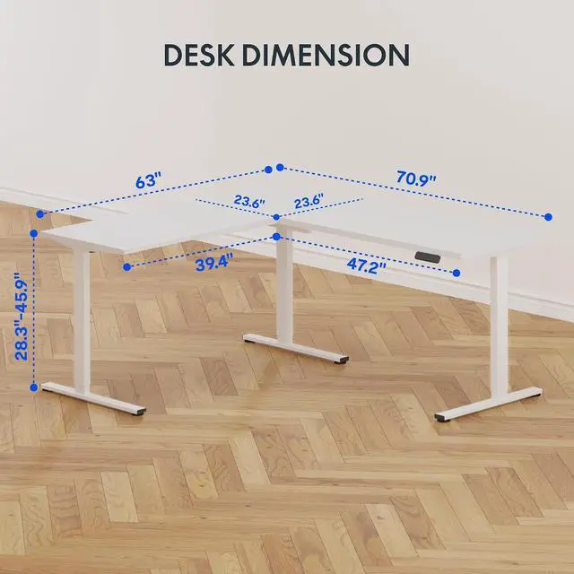 Alt view image 3 of 7 - L Shaped Standing Desk with Drawer, 71 x 63 Inch Electric Height Adjustable Corner Desk, Sit Stand Computer Workstation, Preset Controller, Home Office, White Frame with White Top