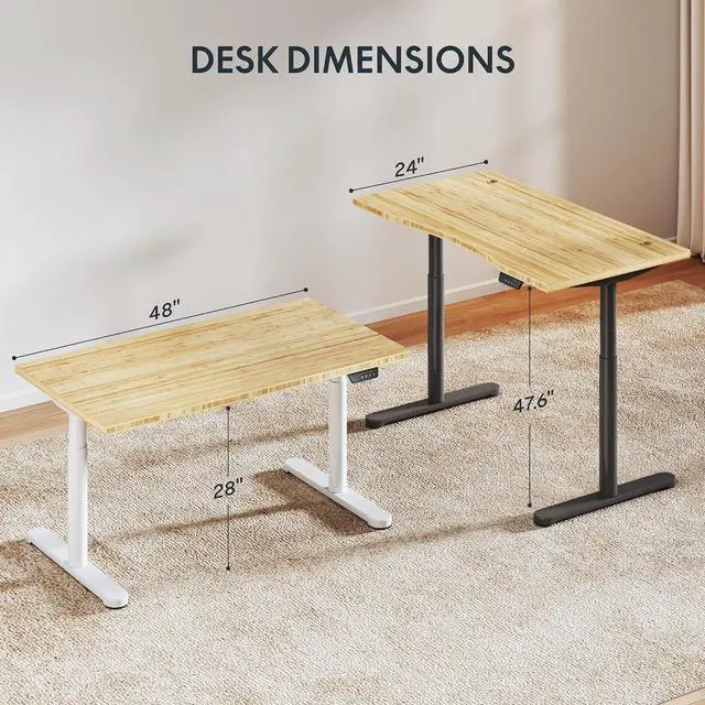 Alt view image 2 of 7 - Solid Bamboo Standing Desk, 48" x 24" Real Bamboo Desktop with Natural Grain, Durable & Sustainable Workstation for Home Office and Multi-Monitor Setups (White Oval Legs)