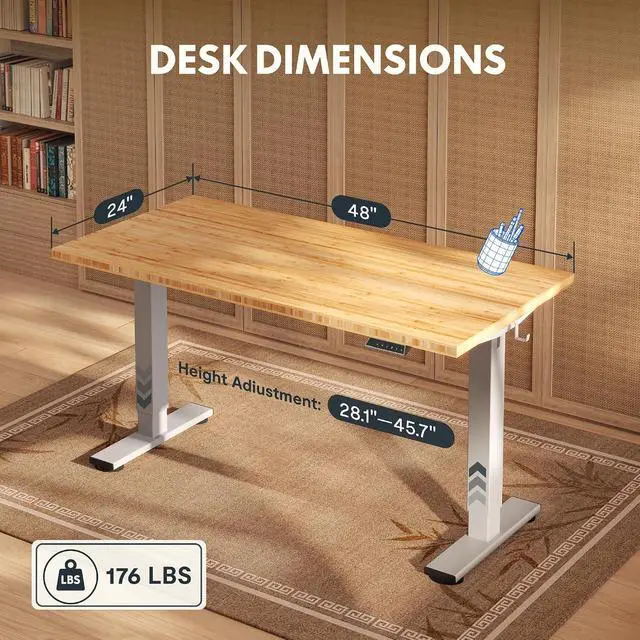 Alt view image 2 of 7 - Solid Bamboo Standing Desk, 48" x 24" Real Bamboo Desktop with Natural Grain, Durable & Sustainable Workstation for Home Office and Multi-Monitor Setups (Silver Frame)