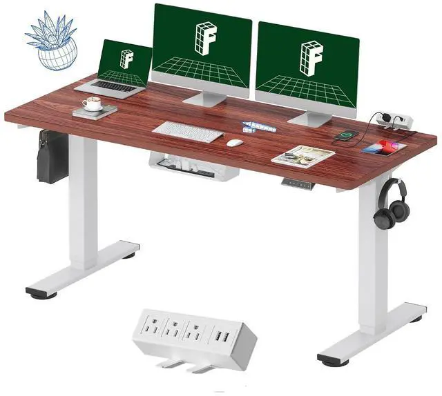 Main image of EN2 Whole-Piece Standing Desk with Clamp Power Strip, 60 x 24 Electric Stand Up Height Adjustable Desk with Cable Management (White Frame + 60" Mahogany Desktop, 2 Packages)