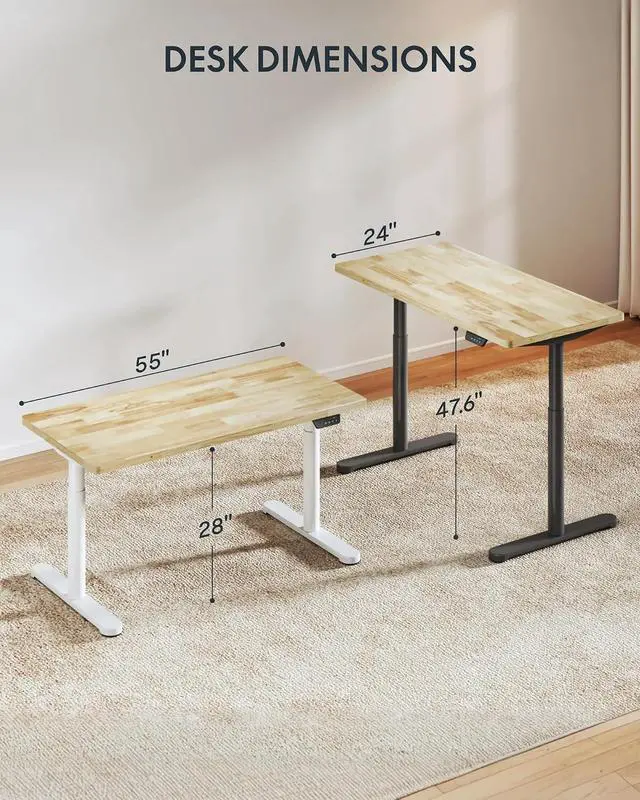 Alt view image 2 of 7 - Solid Wood Standing Desk, 55" x 24" Real Wood Desktop with Natural Grain, Durable & Sustainable Workstation for Home Office and Multi-Monitor Setups (Rubber Wood, White Oval Legs)