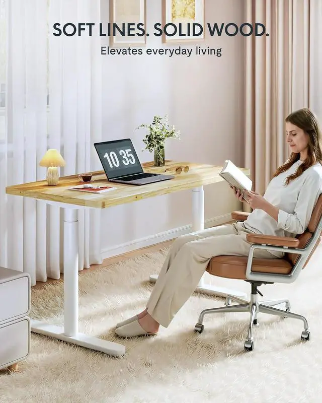 Alt view image 3 of 7 - Solid Wood Standing Desk, 63" x 24" Real Wood Desktop with Natural Grain, Durable & Sustainable Workstation for Home Office and Multi-Monitor Setups (Rubber Wood, White Oval Legs)