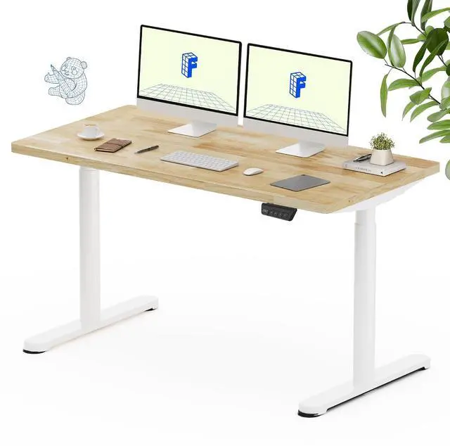 Main image of Solid Wood Standing Desk, 55" x 24" Real Wood Desktop with Natural Grain, Durable & Sustainable Workstation for Home Office and Multi-Monitor Setups (Rubber Wood, White Oval Legs)