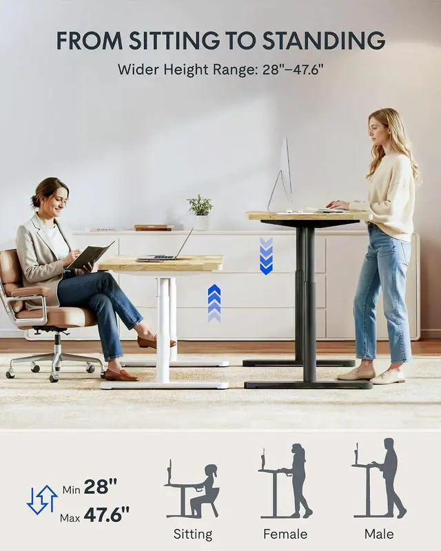 Alt view image 7 of 7 - Solid Wood Standing Desk, 63" x 24" Real Wood Desktop with Natural Grain, Durable & Sustainable Workstation for Home Office and Multi-Monitor Setups (Rubber Wood, White Oval Legs)