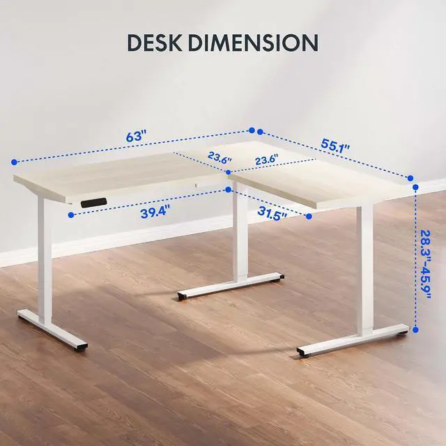 Alt view image 3 of 7 - L Shaped Standing Desk, 63 x 55 Inch Electric Height Adjustable Corner Desk, Sit Stand Computer Workstation, Preset Controller, Home Office, White Frame with Maple Top, White Drawer