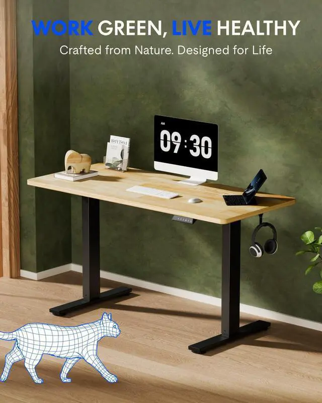 Alt view image 2 of 7 - Solid Wood Standing Desk, 55" x 24" Real Wood Desktop with Natural Grain, Durable & Sustainable Workstation for Home Office and Multi-Monitor Setups (Rubber Wood, Black Frame)