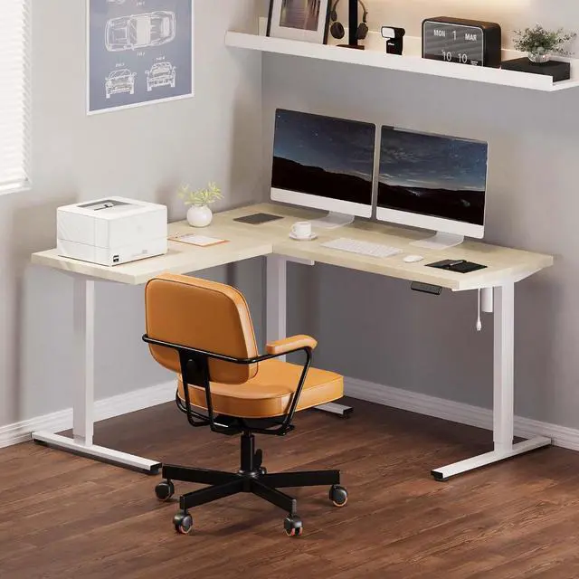 Alt view image 2 of 7 - L Shaped Standing Desk, 63 x 55 Inch Electric Height Adjustable Corner Desk, Sit Stand Computer Workstation, Preset Controller, Home Office, White Frame with Maple Top