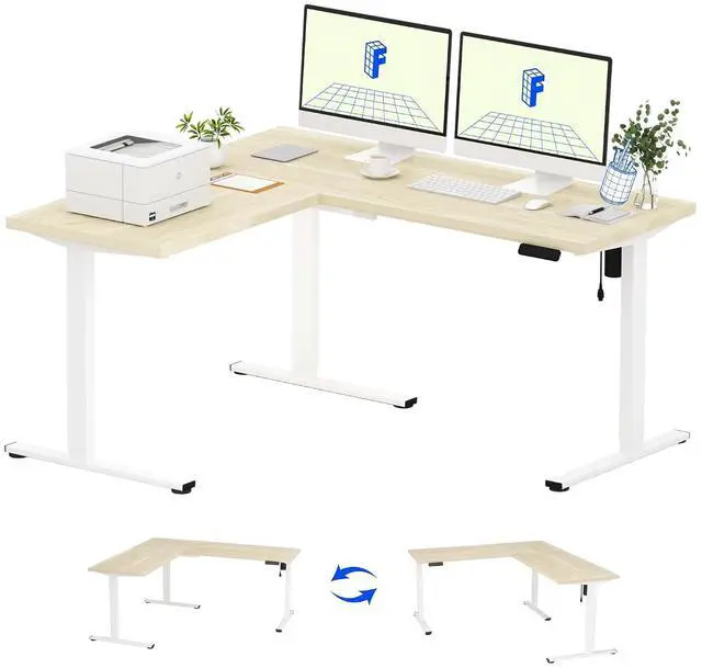 Main image of L Shaped Standing Desk, 63 x 55 Inch Electric Height Adjustable Corner Desk, Sit Stand Computer Workstation, Preset Controller, Home Office, White Frame with Maple Top