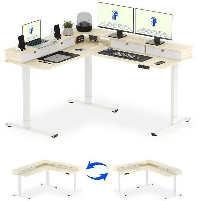 Main image of 63" L Shaped Standing Desk with Shelf Electric Corner Table, Drawers, Adjustable Computer Workstation for Home, Office, 63x55in, Light Maple Top + White Frame