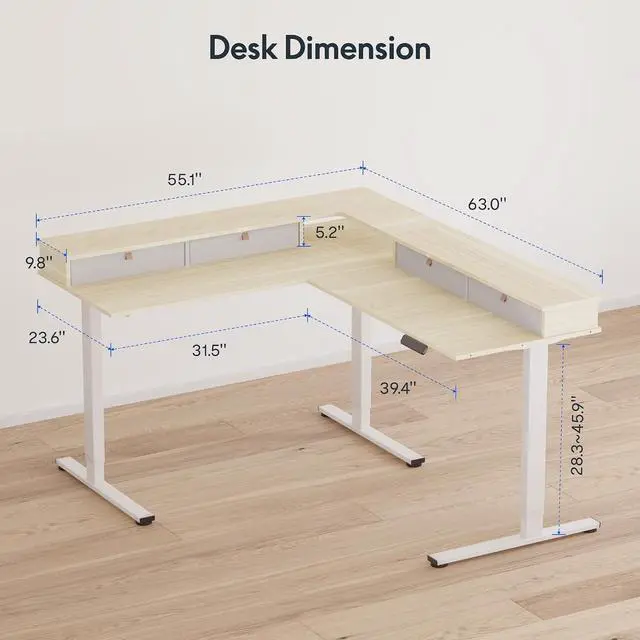 Alt view image 3 of 7 - 63" L Shaped Standing Desk with Shelf Electric Corner Table, Drawers, Adjustable Computer Workstation for Home, Office, 63x55in, Light Maple Top + White Frame