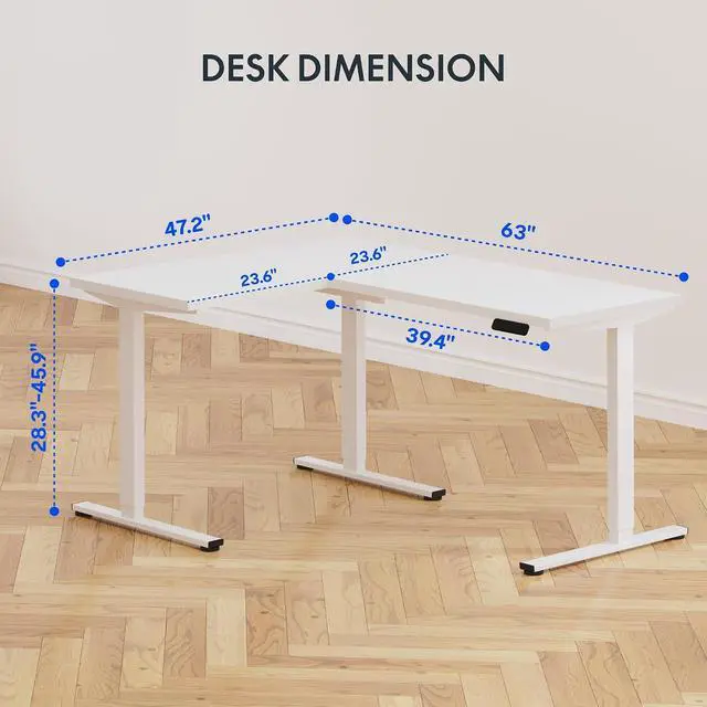 Alt view image 3 of 7 - 63 x 47 Inch 3-Leg L Shaped Standing Desk, Electric Height Adjustable Sit Stand Corner Desk, Computer Workstation with Preset Controller for Home Office, White Frame with White Top