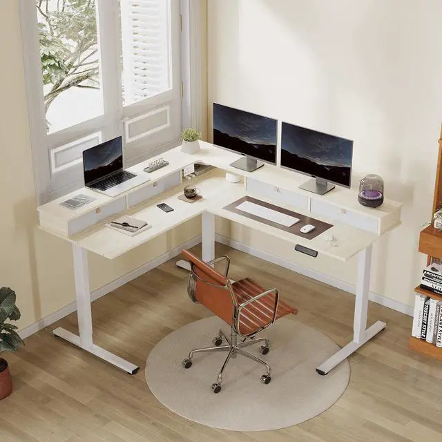 Alt view image 2 of 7 - 63" L Shaped Standing Desk with Shelf Electric Corner Table, Drawers, Adjustable Computer Workstation for Home, Office, 63x55in, Light Maple Top + White Frame