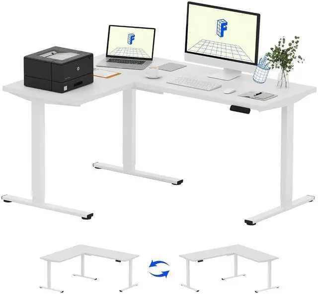 Main image of 63 x 47 Inch 3-Leg L Shaped Standing Desk, Electric Height Adjustable Sit Stand Corner Desk, Computer Workstation with Preset Controller for Home Office, White Frame with White Top