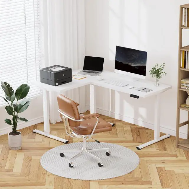 Alt view image 2 of 7 - 63 x 47 Inch 3-Leg L Shaped Standing Desk, Electric Height Adjustable Sit Stand Corner Desk, Computer Workstation with Preset Controller for Home Office, White Frame with White Top